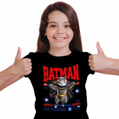 Tricou Femei, Barbati, Copii, Fata, Baiat, Unisex Personalizat Scottish Fold în Costum de Batman – Supereroul Perfect pentru Copii și Iubitorii de Pisici [1]