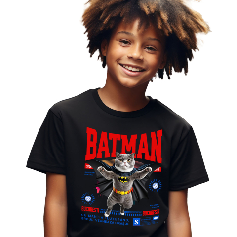 SuperEroi si Personaje TV - Tricou Femei, Barbati, Copii, Fata, Baiat, Unisex Personalizat Scottish Fold în Costum de Batman – Supereroul Perfect pentru Copii și Iubitorii de Pisici