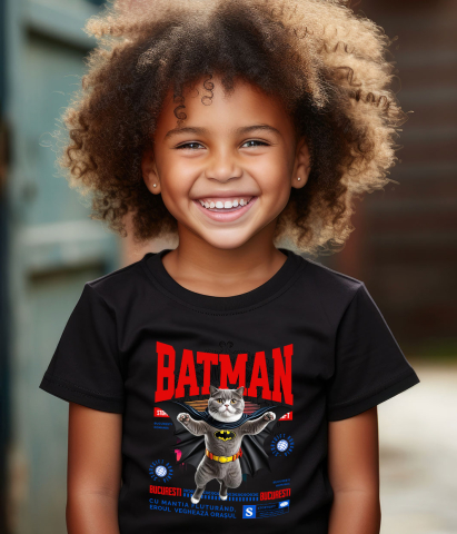 Tricou Femei, Barbati, Copii, Fata, Baiat, Unisex Personalizat Scottish Fold în Costum de Batman – Supereroul Perfect pentru Copii și Iubitorii de Pisici [3]