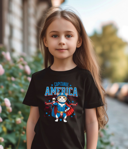 Tricou Femei, Barbati, Copii, Fata, Baiat, Unisex Personalizat Pisica Scottish Fold în Costum de Captain America cu Pelerină - Cadou Personalizat pentru Copii și Iubitorii de Pisici [2]