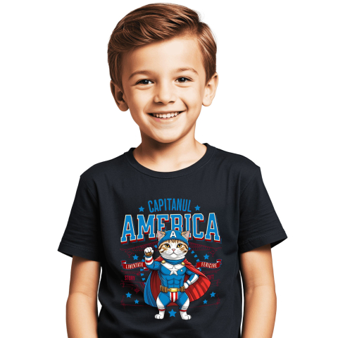 Tricou Femei, Barbati, Copii, Fata, Baiat, Unisex Personalizat Pisica Scottish Fold în Costum de Captain America cu Pelerină - Cadou Personalizat pentru Copii și Iubitorii de Pisici [1]