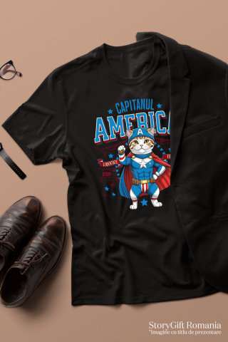 Tricou Femei, Barbati, Copii, Fata, Baiat, Unisex Personalizat Pisica Scottish Fold în Costum de Captain America cu Pelerină - Cadou Personalizat pentru Copii și Iubitorii de Pisici [2]