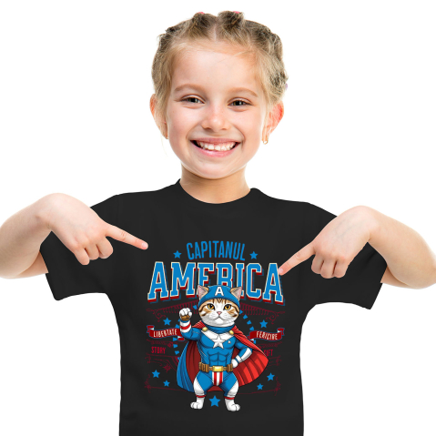 SuperEroi si Personaje TV - Tricou Femei, Barbati, Copii, Fata, Baiat, Unisex Personalizat Pisica Scottish Fold în Costum de Captain America cu Pelerină - Cadou Personalizat pentru Copii și Iubitorii de Pisici