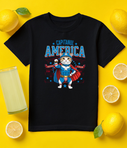 Tricou Femei, Barbati, Copii, Fata, Baiat, Unisex Personalizat Pisica Scottish Fold în Costum de Captain America cu Pelerină - Cadou Personalizat pentru Copii și Iubitorii de Pisici [4]
