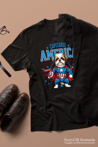 Tricou Femei, Barbati, Copii, Fata, Baiat, Unisex Personalizat Shih Tzu în Costum de Captain America cu Pelerină - Cadou Personalizat pentru Copii și Iubitorii de Câini [2]