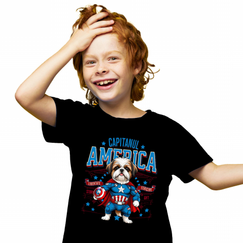 Tricouri - Tricou Femei, Barbati, Copii, Fata, Baiat, Unisex Personalizat Shih Tzu în Costum de Captain America cu Pelerină - Cadou Personalizat pentru Copii și Iubitorii de Câini
