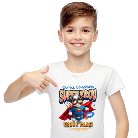 Tricou Femei, Barbati, Copii, Fata, Baiat, Unisex Personalizat Shih Tzu în Costum de Superman – Produse Personalizate pentru Copii și Familie