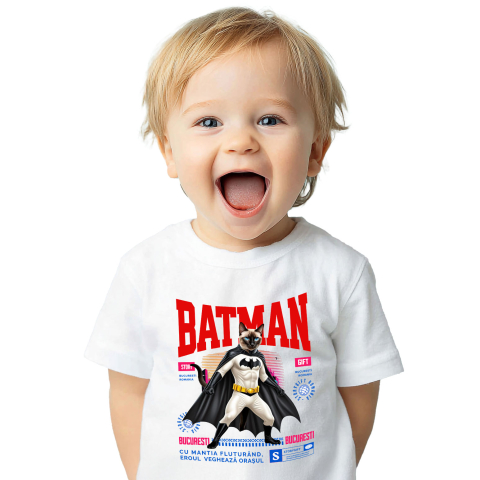 SuperEroi si Personaje TV - Tricou Femei, Barbati, Copii, Fata, Baiat, Unisex Personalizat Pisica Siamez în Costum de Batman – Supereroul Perfect pentru Iubitorii de Pisici și Copii