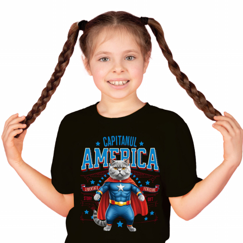 Tricou Femei, Barbati, Copii, Fata, Baiat, Unisex Personalizat Pisica Siameză în Costum de Captain America cu Pelerină - Cadou Personalizat pentru Copii și Iubitorii de Pisici [1]