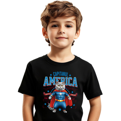 Tricou Femei, Barbati, Copii, Fata, Baiat, Unisex Personalizat Pisica Siameză în Costum de Captain America cu Pelerină - Cadou Personalizat pentru Copii și Iubitorii de Pisici [1]