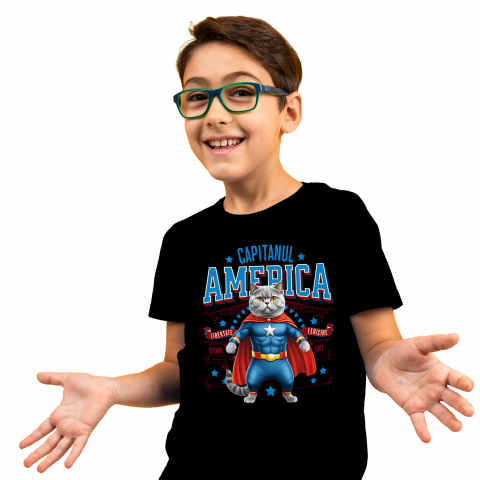 Cadouri Pentru Copii - Tricou Femei, Barbati, Copii, Fata, Baiat, Unisex Personalizat Pisica Siameză în Costum de Captain America cu Pelerină - Cadou Personalizat pentru Copii și Iubitorii de Pisici