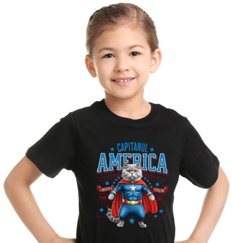 SuperEroi si Personaje TV - Tricou Femei, Barbati, Copii, Fata, Baiat, Unisex Personalizat Pisica Siameză în Costum de Captain America cu Pelerină - Cadou Personalizat pentru Copii și Iubitorii de Pisici