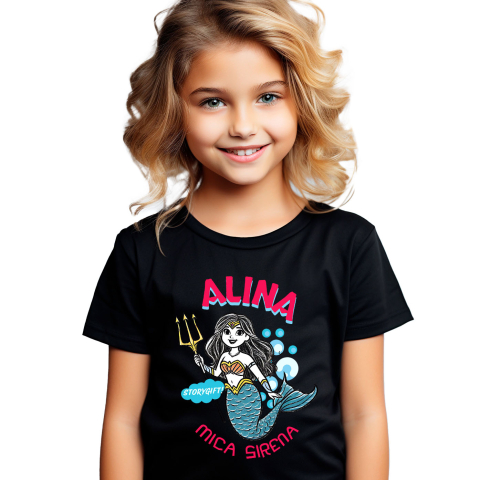 Copii - Tricou Femei, Barbati, Copii, Fata, Baiat, Unisex Personalizat Sirena de Mare Regina cu Trident – Cadou Personalizat pentru Copii și Familie