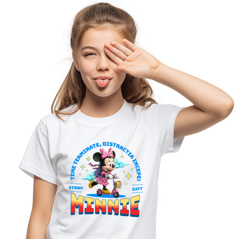 Educatie - Tricou Copii cu Skateboard Minnie Mouse: Distracție și Zâmbete La Fiecare Tura 100% Bumbac, Alb, 6 Ani