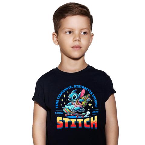 Educatie - Tricou Copii cu Skateboard Stitch: Răsfață-te cu Distracție De Neoprit 100% Bumbac, Negru, 10 Ani
