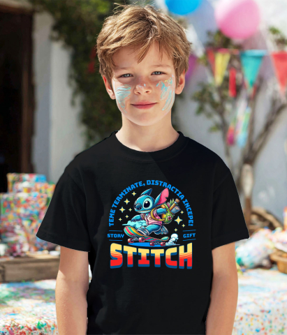 Tricou Copii cu Skateboard Stitch: Răsfață-te cu Distracție De Neoprit 100% Bumbac, Negru, 10 Ani [2]