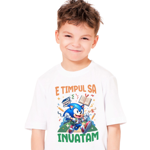 Educatie - Tricou Copii cu Sonic: Începe-ți Aventura În Învățare Pe Viteza Maximă 100% Bumbac, Alb, 12 Ani
