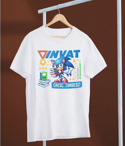 Tricou Copii cu Sonic – Invatam, Zambim, Crestem 100% Bumbac, Alb, 8 Ani [4]