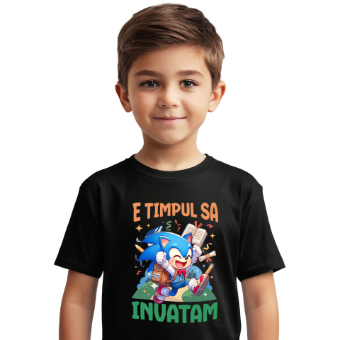 Educatie - Tricou Copii cu Sonic si Magia Invatarei Vesel 100% Bumbac, Negru, 12 Ani