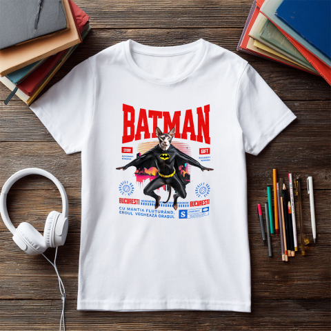 Tricou Femei, Barbati, Copii, Fata, Baiat, Unisex Personalizat Pisica Sphynx în Costum de Batman – Un Supererou Unic pentru Copii și Iubitorii de Animale [4]