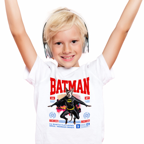 Tricou Femei, Barbati, Copii, Fata, Baiat, Unisex Personalizat Pisica Sphynx în Costum de Batman – Un Supererou Unic pentru Copii și Iubitorii de Animale [1]