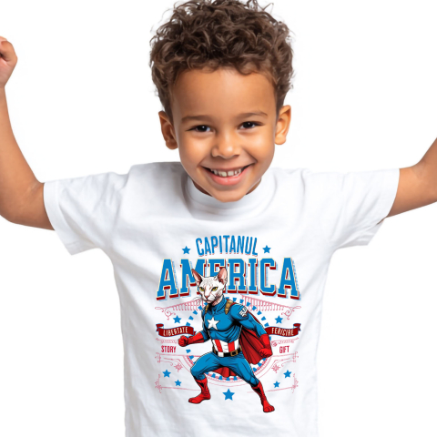 Tricou Femei, Barbati, Copii, Fata, Baiat, Unisex Personalizat Pisica Sphynx în Costum de Captain America cu Pelerină - Cadou Personalizat pentru Copii și Iubitorii de Pisici [1]