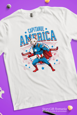 Tricou Femei, Barbati, Copii, Fata, Baiat, Unisex Personalizat Pisica Sphynx în Costum de Captain America cu Pelerină - Cadou Personalizat pentru Copii și Iubitorii de Pisici [2]