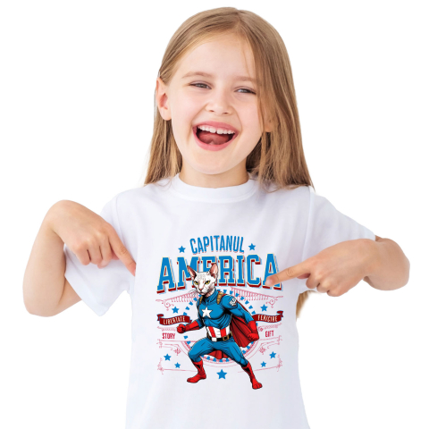SuperEroi si Personaje TV - Tricou Femei, Barbati, Copii, Fata, Baiat, Unisex Personalizat Pisica Sphynx în Costum de Captain America cu Pelerină - Cadou Personalizat pentru Copii și Iubitorii de Pisici