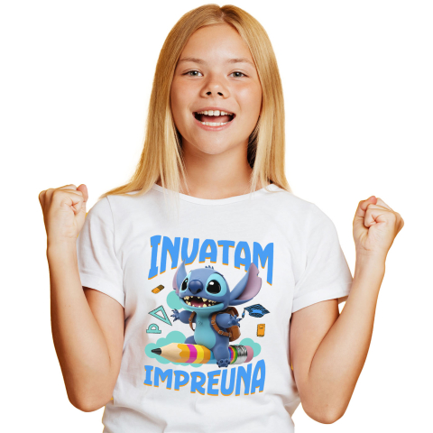 Educatie - Tricou Copii cu Stitch – Aventuri Amuzante de Invatare 100% Bumbac, Alb, 12 Ani