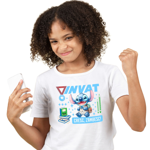 Educatie - Tricou Copii cu Stitch – Invata, Creste, Zambeste 100% Bumbac, Alb, 6 Ani