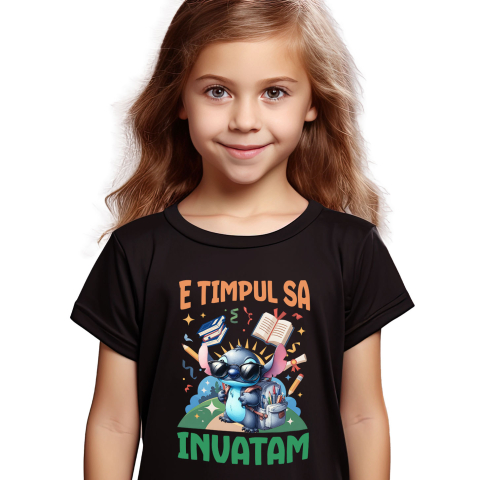 Educatie - Tricou Copii cu Stitch: Învățătura Plină De Aventură și Zâmbete 100% Bumbac, Negru, 10 Ani