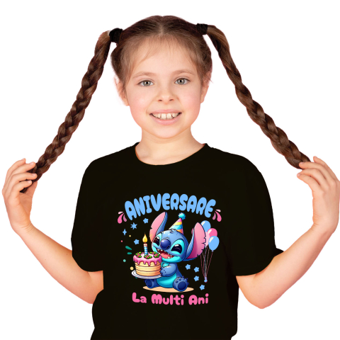 Aniversare - Tricou Copii cu Stitch Party – Cadouri si Surprize de Ziua Ta 100% Bumbac, Negru, 12 Ani