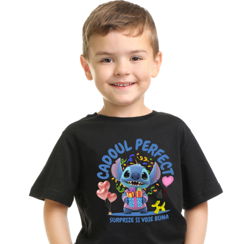 Tricou Copii cu Stitch Sarbatoreste cu Inima si Zambet 100% Bumbac, Negru, 4 Ani [1]