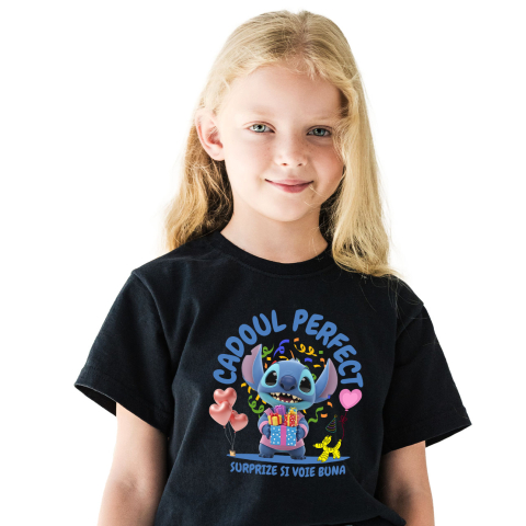 Aniversare - Tricou Copii cu Stitch Sarbatoreste cu Inima si Zambet 100% Bumbac, Negru, 4 Ani