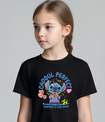 Tricou Copii cu Stitch Sarbatoreste cu Inima si Zambet 100% Bumbac, Negru, 4 Ani [2]