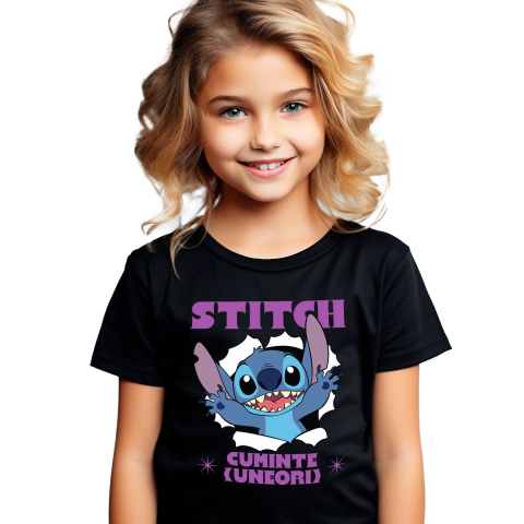 Desene Animate - Tricou Copii cu Stitch si Momentele Grele 100% Bumbac, Negru, 12 Ani