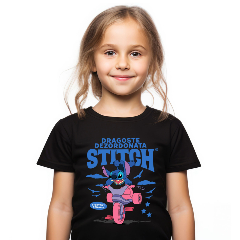 Tricou Copii cu Stitch si Plimbarea Vesela 100% Bumbac, Negru, 10 Ani [1]