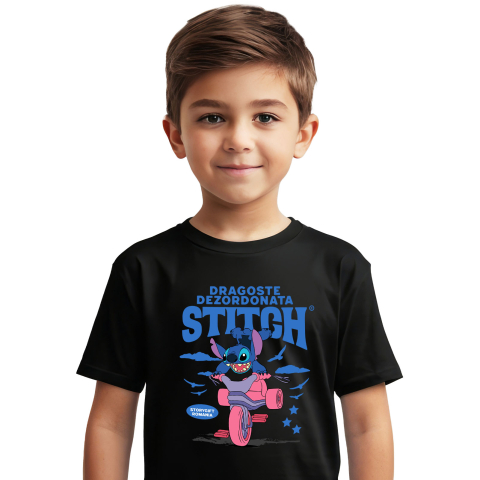 Desene Animate - Tricou Copii cu Stitch si Plimbarea Vesela 100% Bumbac, Negru, 10 Ani