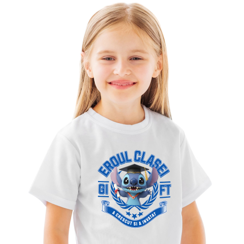 Educatie - Tricou Copii cu Stitch: Zambete Si Curaj La Scoala 100% Bumbac, Alb, 10 Ani