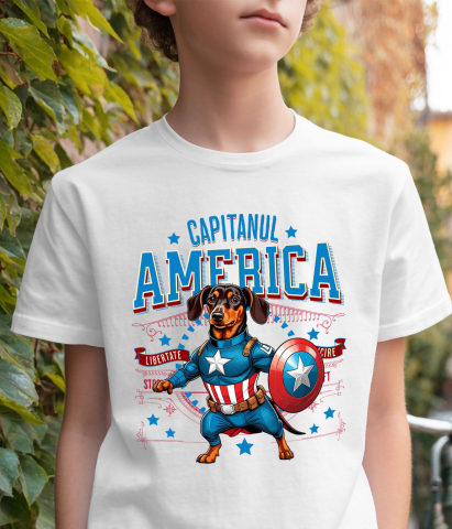 Tricou Femei, Barbati, Copii, Fata, Baiat, Unisex Personalizat Teckel în Costum Captain America cu Pelerină - Cadou Personalizat pentru Copii și Iubitorii de Câini [3]