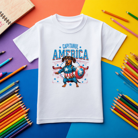 Tricou Femei, Barbati, Copii, Fata, Baiat, Unisex Personalizat Teckel în Costum Captain America cu Pelerină - Cadou Personalizat pentru Copii și Iubitorii de Câini [4]
