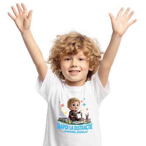 Educatie - Tricou Copii cu Thor – Scoala Devine Distractie 100% Bumbac, Alb, 8 Ani