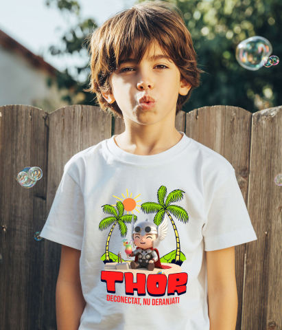 Tricou Copii cu Thor Tropical: Mare si Palmieri 100% Bumbac, Alb, 6 Ani [2]