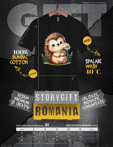 Tricou Copii cu un arici vesel in natura, ilustratie, tine o floare alba, fericire, iarba, verdeata, aer curat,  100% Bumbac, Unisex, Negru, 12 Ani, 64CM [2]