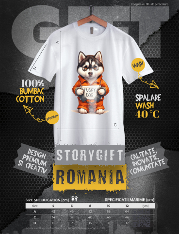 Tricou Copii cu un caine Husky la puscarie, incatusat, uniforma de detinut, serios, ilustratie  100% Bumbac, Unisex, Alb, 8 Ani, 52CM [2]