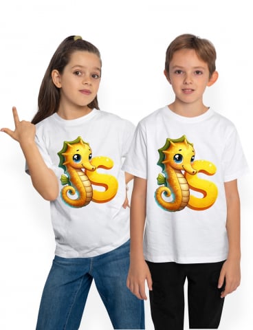 Copii Unisex - 12 Ani - Tricou Copii cu un calut de mare cu litera "S", ilustratie, pentru copii, scoala, elev, abecedar, alfabet, invata  100% Bumbac, Unisex, Alb, 12 Ani, 64CM
