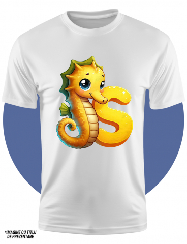 Tricou Copii cu un calut de mare cu litera "S", ilustratie, pentru copii, scoala, elev, abecedar, alfabet, invata  100% Bumbac, Unisex, Alb, 12 Ani, 64CM [2]