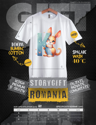 Tricou Copii cu un cangur cu litera "K", ilustratie, pentru copii, scoala, elev, abecedar, alfabet, scrie  100% Bumbac, Unisex, Alb, 8 Ani, 52CM [2]