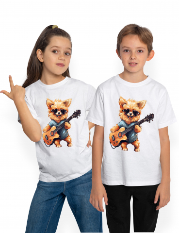 Copii Unisex - 6 Ani - Tricou Copii cu un catelus blanos care canta la chitara, ilustratie, muzica, pasiune, instrument muzical, melodie, talent,  100% Bumbac, Unisex, Alb, 6 Ani, 46CM