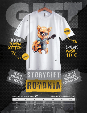 Tricou Copii cu un catelus blanos care canta la chitara, ilustratie, muzica, pasiune, instrument muzical, melodie, talent,  100% Bumbac, Unisex, Alb, 6 Ani, 46CM [2]